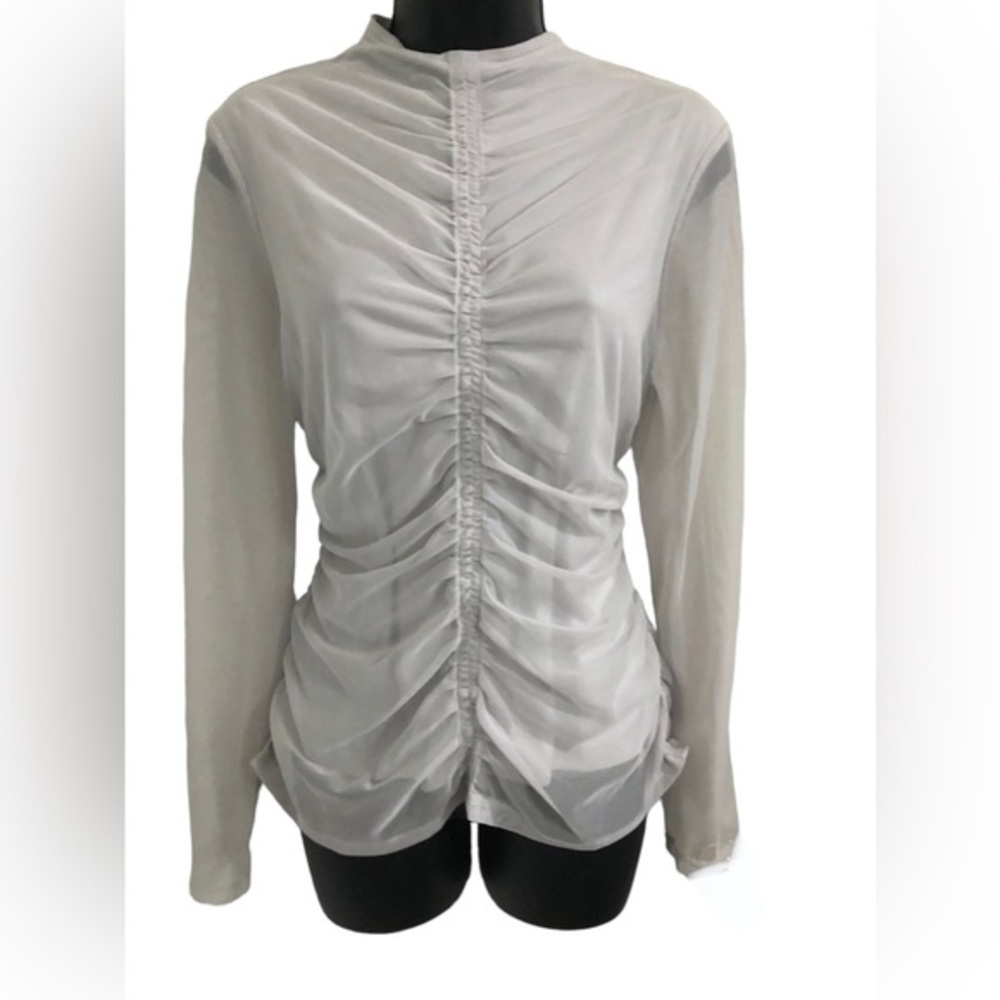 DKNY light gray shirred long‎ sleeve sheer mockneck top shirt blouse size M new